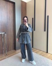 düğmeli kot takım gri