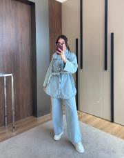 düğmeli kot takım mavi